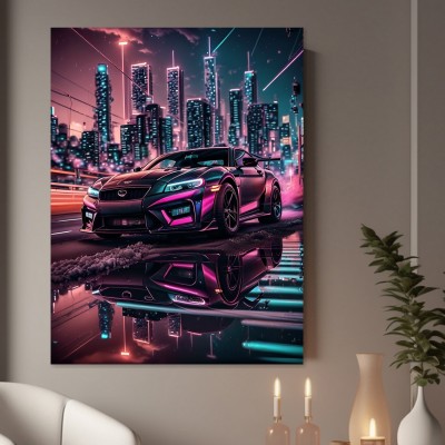 Neon Sportwagen in futuristischer Stadt