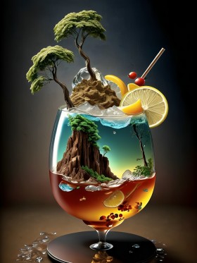 Surrealer Cocktail mit Miniaturlandschaft