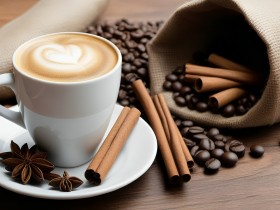 Cappuccino mit Kaffeebohnen und Zimt