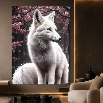 Weißer Fuchs unter Kirschblüten