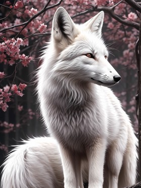 Weißer Fuchs unter Kirschblüten