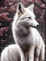 Weißer Fuchs unter Kirschblüten