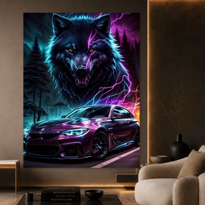 Neon Wolf mit Sportwagen