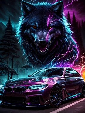 Neon Wolf mit Sportwagen