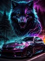 Neon Wolf mit Sportwagen