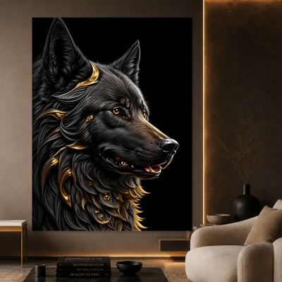 Schwarzer Wolf mit Goldakzenten