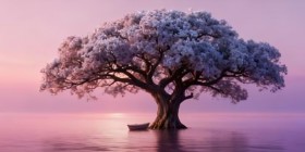 Blühender Baum im rosa Abendlicht