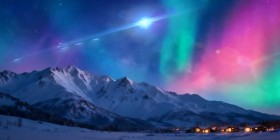 Polarlicht über verschneiten Bergen