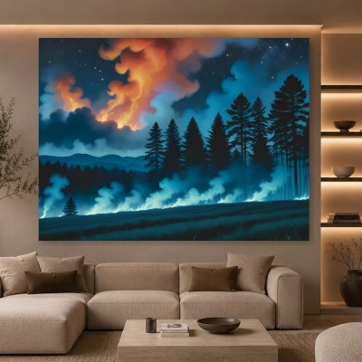 Nächtlicher Wald mit Feuerwolken