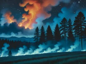 Nächtlicher Wald mit Feuerwolken