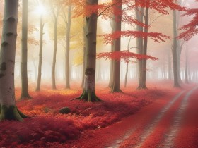 Nebelwald in leuchtendem Rot