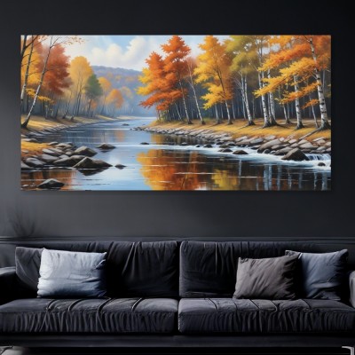 Herbstwald am ruhigen Fluss