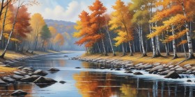 Herbstwald am ruhigen Fluss