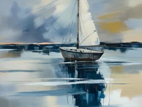Segelboot in stiller Küstenlandschaft