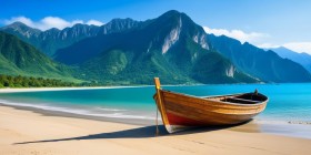 Tropische Bucht mit Holzboot