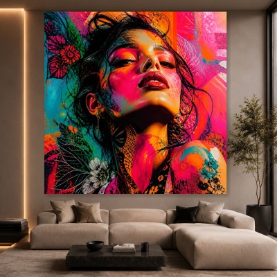Neon Blossom Porträt – Modernes Wandbild als Gallery Leinwand