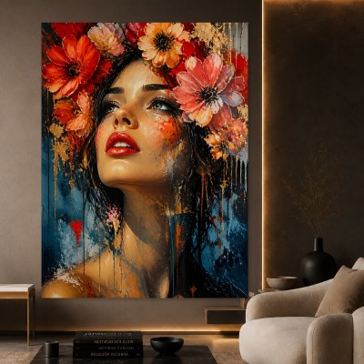 Florales Porträt in Rot und Gold – Leinwandbild & Poster
