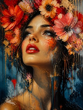 Florales Porträt in Rot und Gold – Leinwandbild & Poster