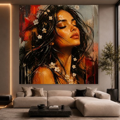 Blütenruhe Wandbild als Acrylbild in warmen Rot- und Goldtönen