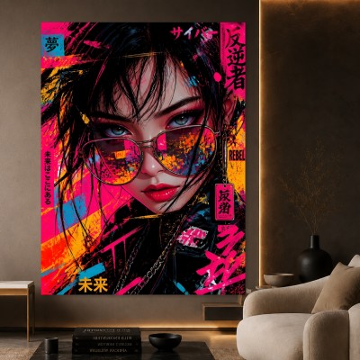 Rebellische Neon-Muse – Wandbild Poster im Cyberpunk-Stil