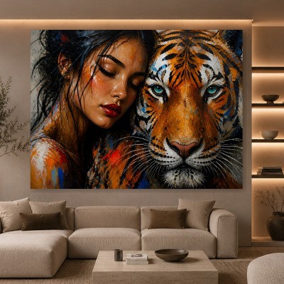 Wilde Nähe Wandbild als Acrylbild mit Frau und Tiger