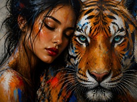 Wilde Nähe Wandbild als Acrylbild mit Frau und Tiger