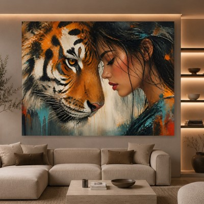 Tiger und Frau – Modernes Wandbild als Gallery Leinwand