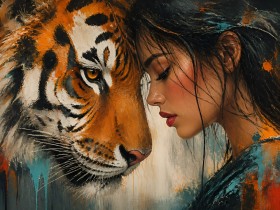 Tiger und Frau – Modernes Wandbild als Gallery Leinwand
