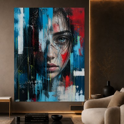 Urbanes Porträt Wandbild auf Leinwand – Blick in Türkis und Rot