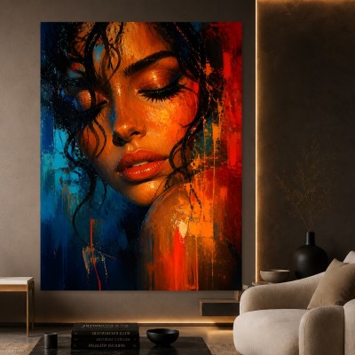 Sinnliches Porträt Wandbild als Gallery Leinwand in Orange und Blau