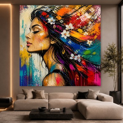 Farbenwind Porträt – Wandbild Poster mit Blüten im Haar