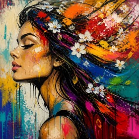 Farbenwind Porträt – Wandbild Poster mit Blüten im Haar