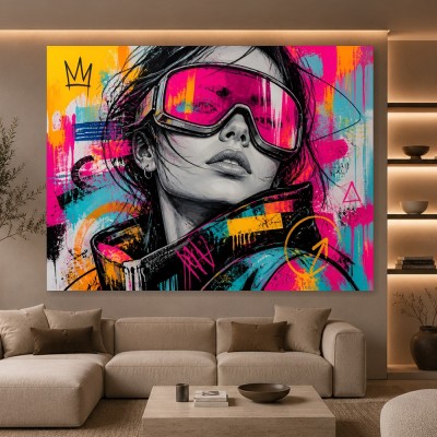 Neon-Porträt mit Skibrille – Modernes Wandbild als Gallery Leinwand