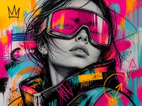 Neon-Porträt mit Skibrille – Modernes Wandbild als Gallery Leinwand