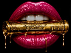 Golden Dollar Lips – Luxus Wandbild als Acrylglasbild Golden Dollar Lips – Luxus Wandbild als Acrylglasbild