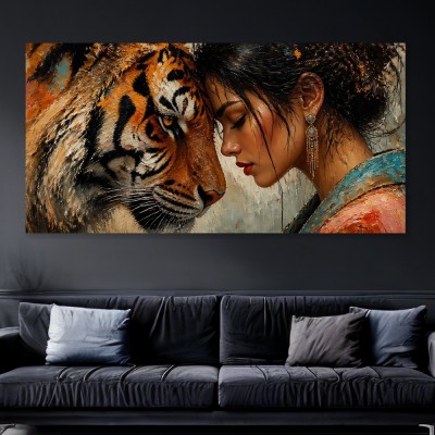 Innige Stärke – Wandbild als Acrylbild mit Tiger und Frau