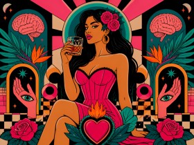 Pop-Art Diva mit Rosen – Modernes Wandbild auf Gallery Leinwand