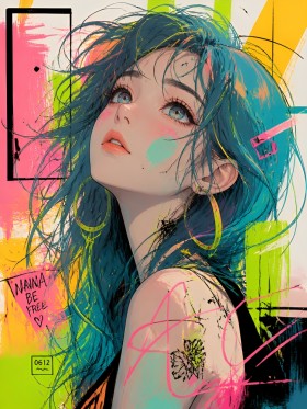 Neon Manga Porträt Wandbild als Poster