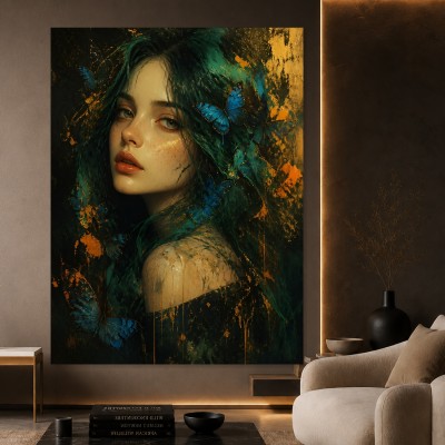 Mystische Schmetterlings-Muse als Acrylbild Wandbild in Petrol und Gold