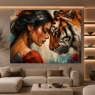 Tigerflüstern – Wandbild und Acrylglasbild mit Frau und Raubkatze