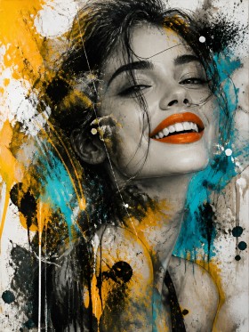 Lebendiges Pop-Art-Porträt in Türkis und Orange – Wandbild Poster