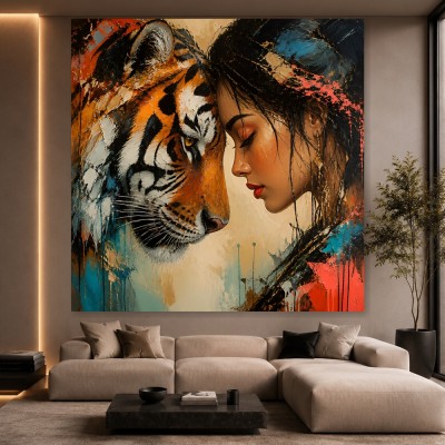 Tiger und Frau – Modernes Wandbild als Gallery Leinwand