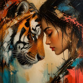 Tiger und Frau – Modernes Wandbild als Gallery Leinwand