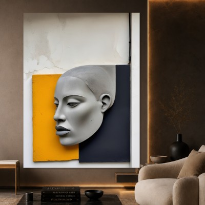 Graue Profilskulptur vor Gelb und Schwarz – Modernes Wandbild als Acrylglasbild