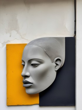 Graue Profilskulptur vor Gelb und Schwarz – Modernes Wandbild als Acrylglasbild