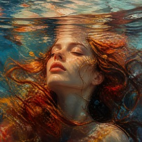 Unterwasser-Porträt mit rotem Haar – Wandbild als Leinwandbild