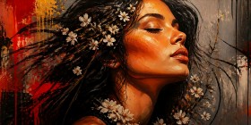 Sinnliches Porträt mit Blüten – Leinwandbild & Gallery Print in warmen Rottönen