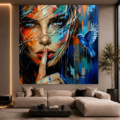 Geheimnisvolle Stille – Wandbild mit blauem Vogel als Acrylglasbild