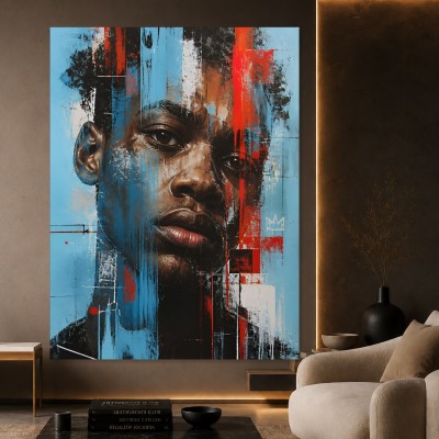 Urbanes Porträt in Blau und Rot – Wandbild als Acrylbild