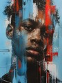 Urbanes Porträt in Blau und Rot – Wandbild als Acrylbild